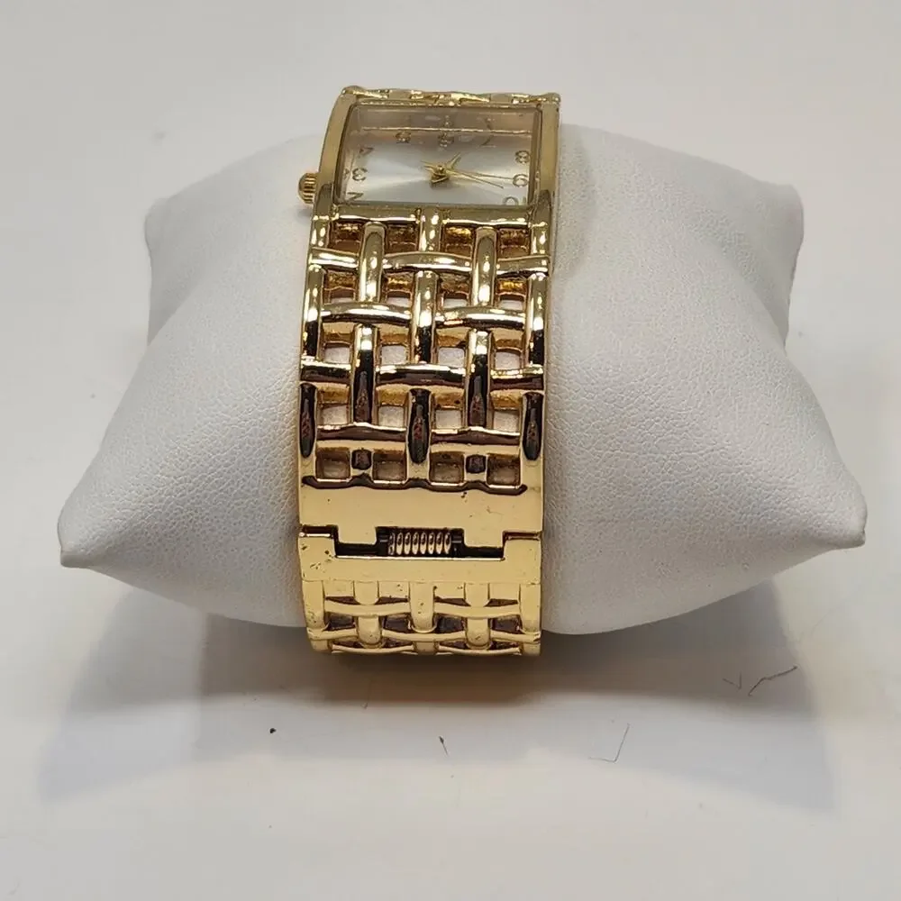 Basket Weave Gold Tone Cuff Bracelet Wristwatch Watch Adjustable Workwear Casual